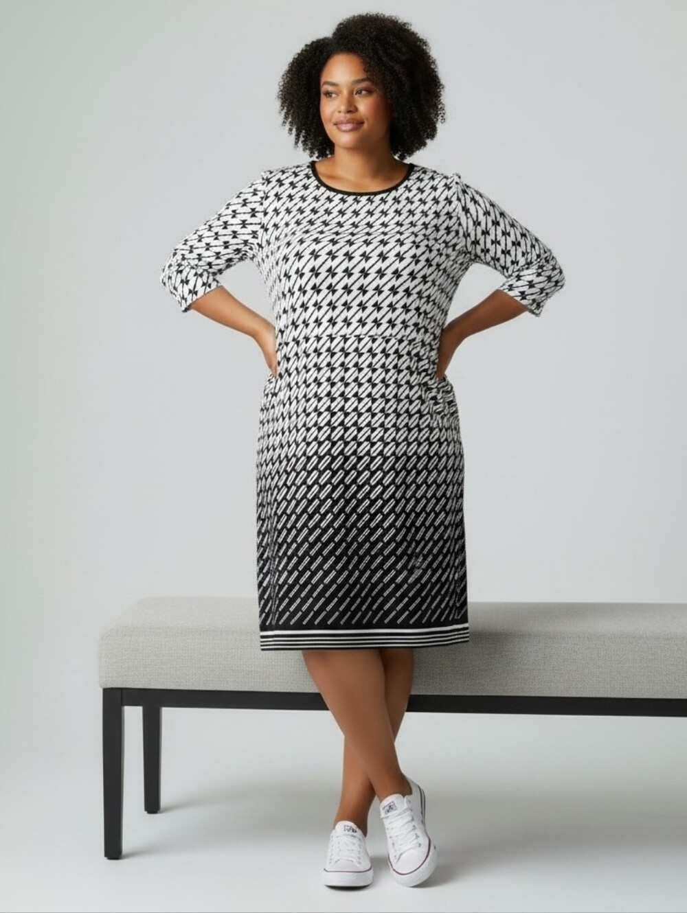 Comfy Pullover Black & White Geometric Shift Dress Polyester 3/4 Sleeve Sz 20